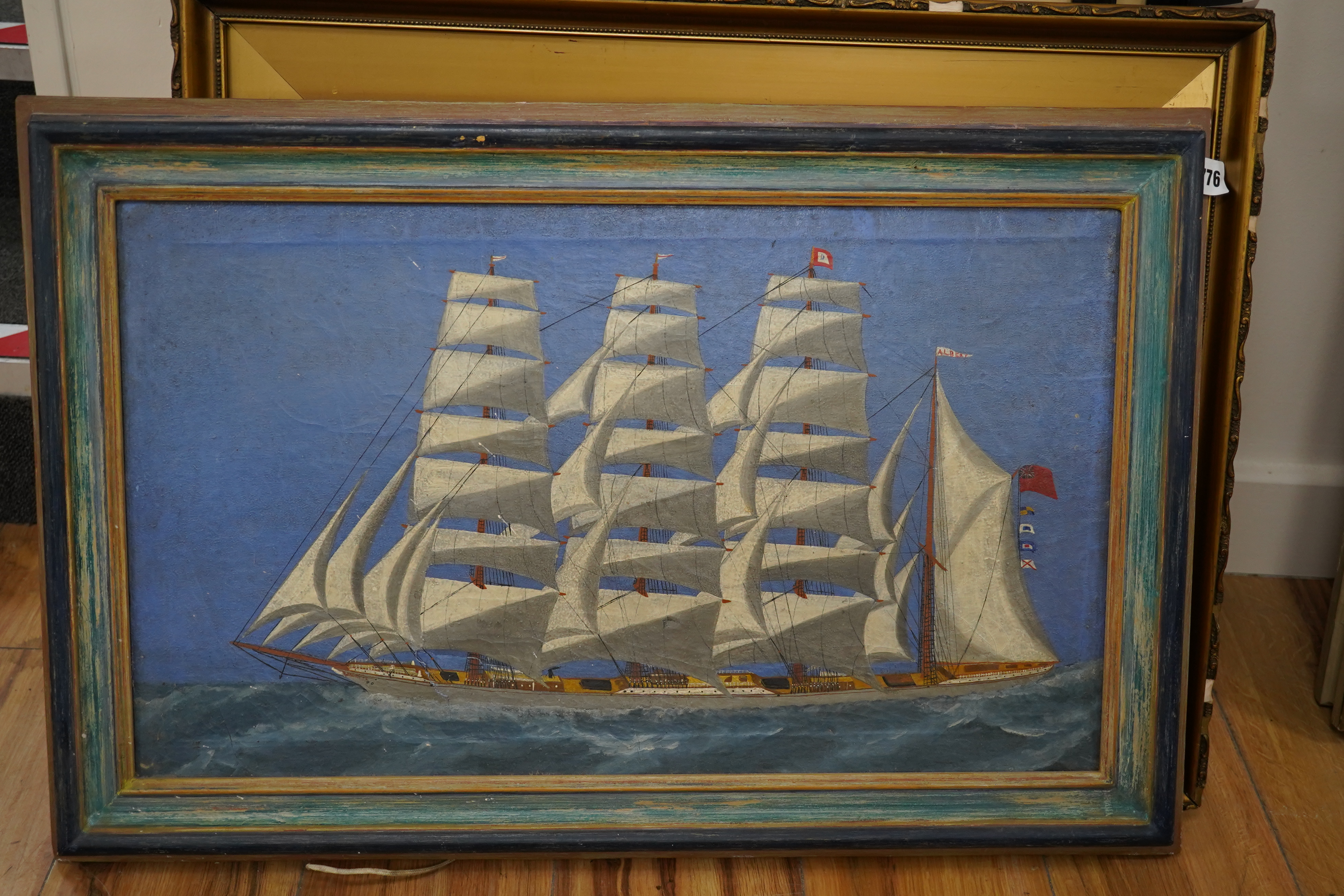 Early 20th century, Naive school, oil on canvas, Study of a ship at full sail 'Albert', 35 x 60cm. Condition - poor